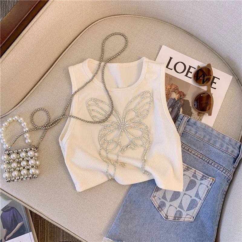 

Облегающий вязаный жилет с бабочками и бриллиантами, укороченные топы, Женский пуловер без рукавов с круглым вырезом, лето 2023, Милая сексуальная модная Стильная трикотажная одежда