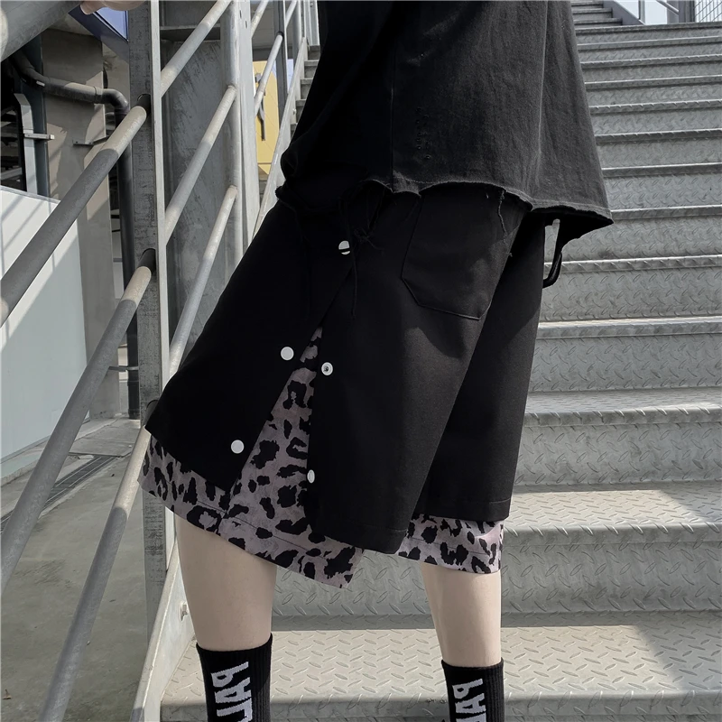 Harajuku Wide Leg Loose Straight Pants Men Women Summer Fake Two Pieces Five-pants Buckle Leopard Print Splicing Hip-hop Pants