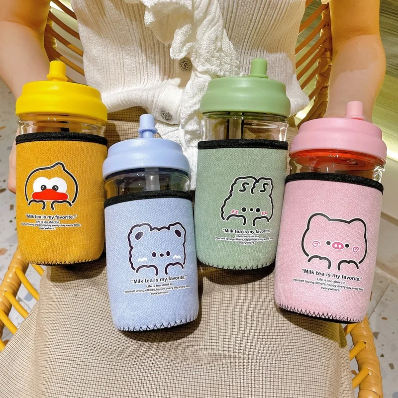 

New Double Drinking Mouth High Temperature Resistant Glass Kawaii Straw Cup with Sleeve Portable Cute Coffee Mug Water Bottle