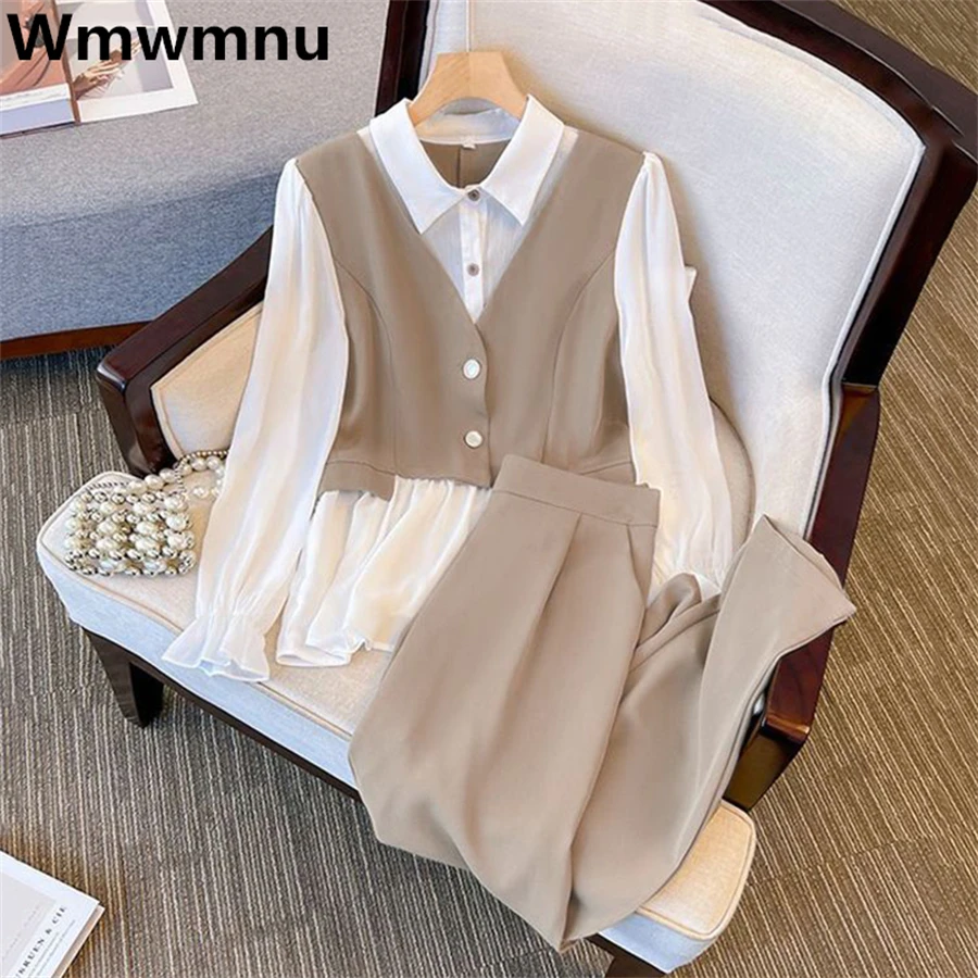 Flare Full Sleeve Shirt Capris High Waist Suit Trousers Oversize 2 Pieces Sets Casual Outfits