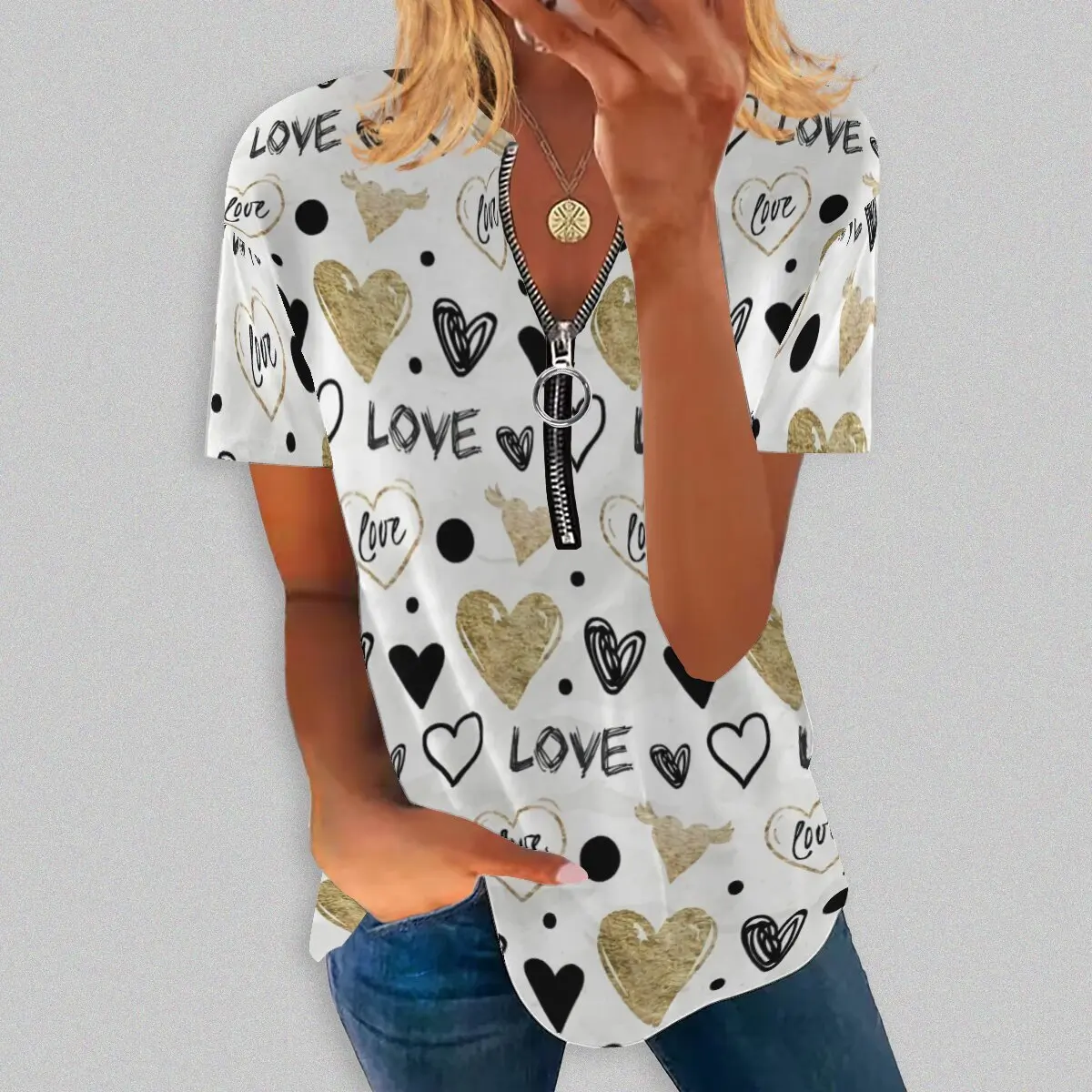 

Летняя новинка, Модный женский топ с круглым вырезом и длинным принтом на молнии, с коротким рукавом, повседневная фотография