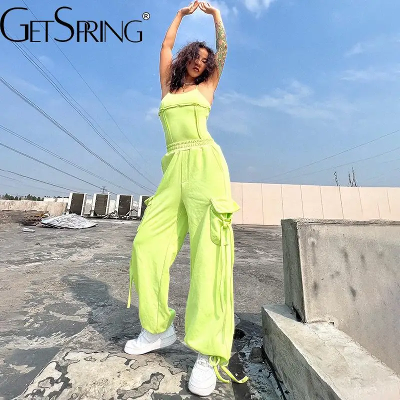 

GetSpring Women Pant Sets 2022 Summer Solid Sleeveless Suspender Short Vest Elastic Waist Long Wide Leg Pants Two Piece Sets New