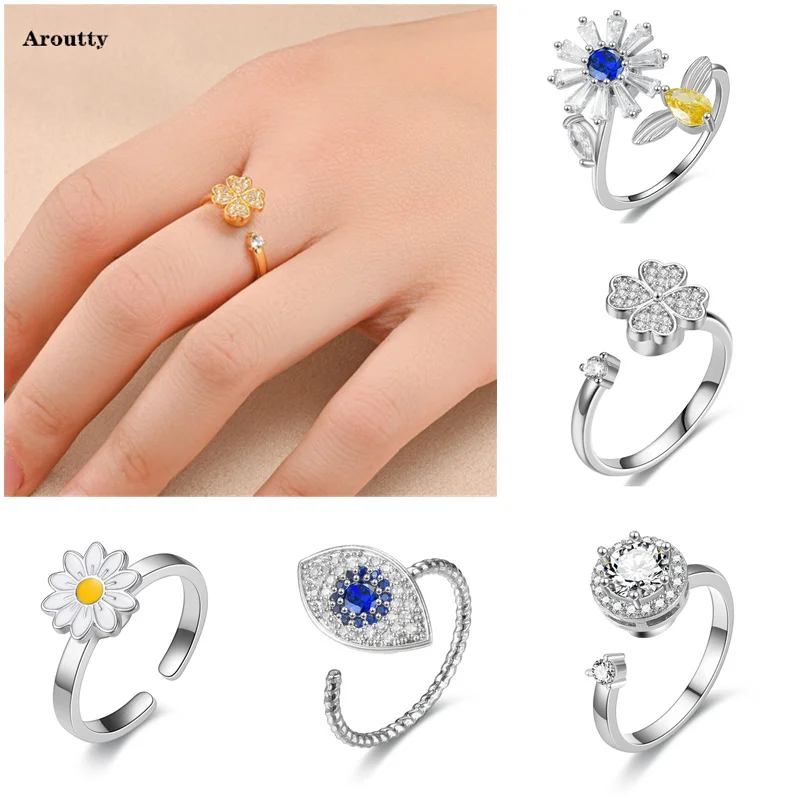 

Spinning Daisy Flower Bee Anxiety Ring For Women Rotatable Adjustable Unusual Anti-stress Spinner Fidget Rings Fashion Jewelry