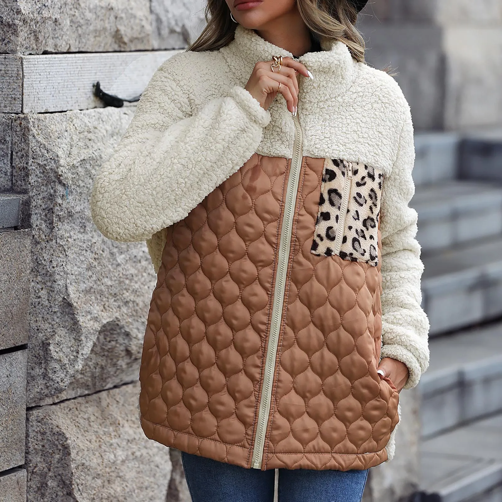 

Women'S Autumn And Winter Loose Round Neck Patchwork Zipper Long Sleeve h Jacket Thin Line Womens Apparel