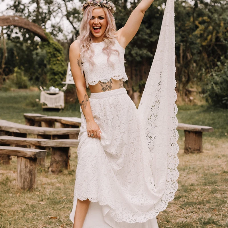 

Vintage Boho Lace Two Pieces Wedding Dresses For Women A Line O-neck Sleeveless Beach Bridal Gowns Sweep Train Robe De Mariée