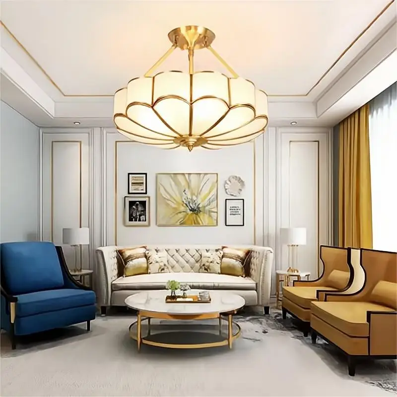 

European Full Copper LED Semi-Pendant Ceiling Light Villa Cottage Porch Brass Ceiling Lamp Hall Half-hanging All Copper Lights