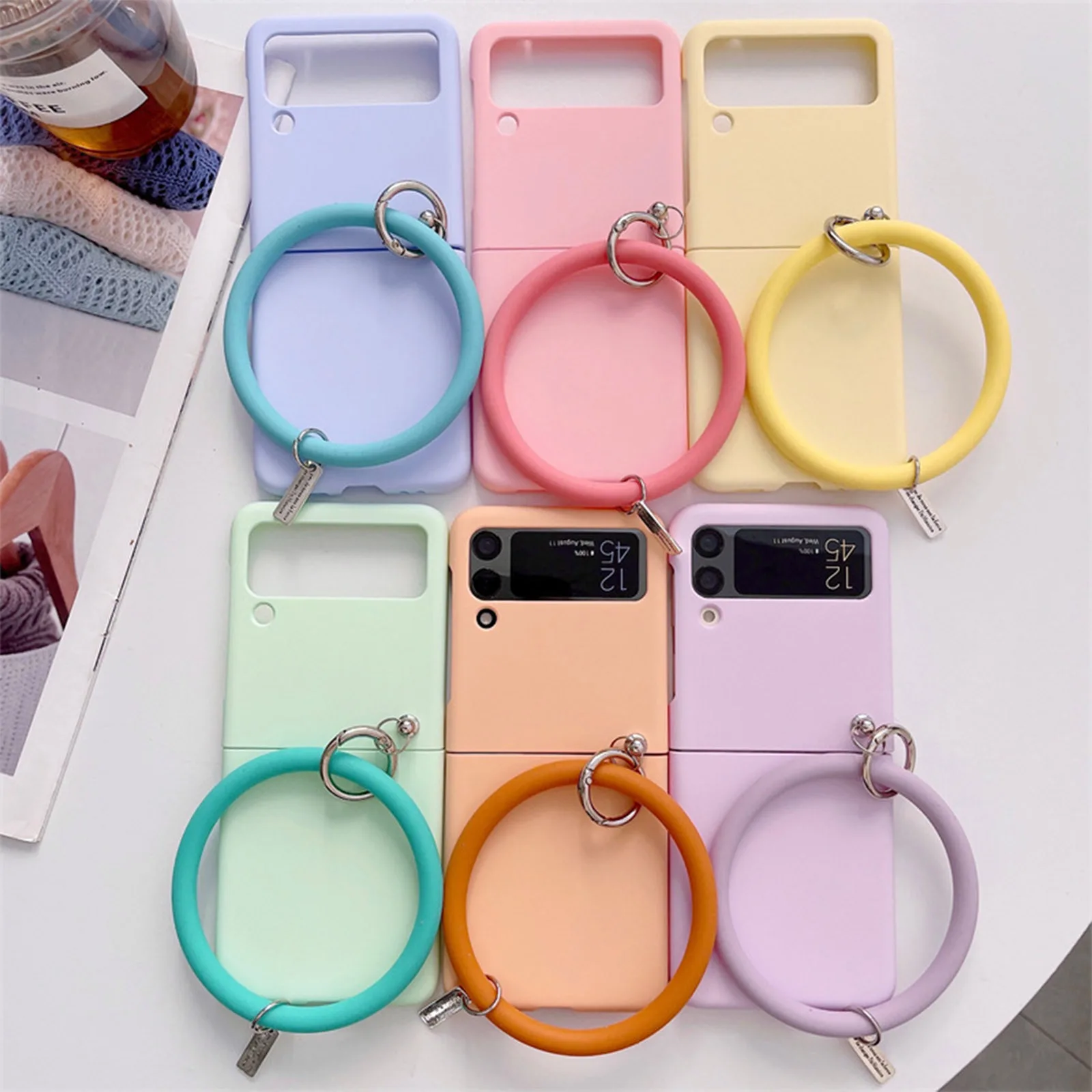 

Shockproof Hard Case with Ring Wrist Strap for Samsung Galaxy Z Flip 3 4 5G Funda Candy Color Phone Cover with Wristband Women