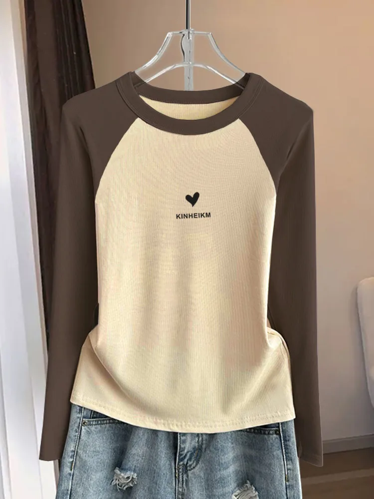  Design Sense Shoulder Color Matching Pure Cotton Long sleeves Shirt Women Maillard Versitile Fashion Slim fit