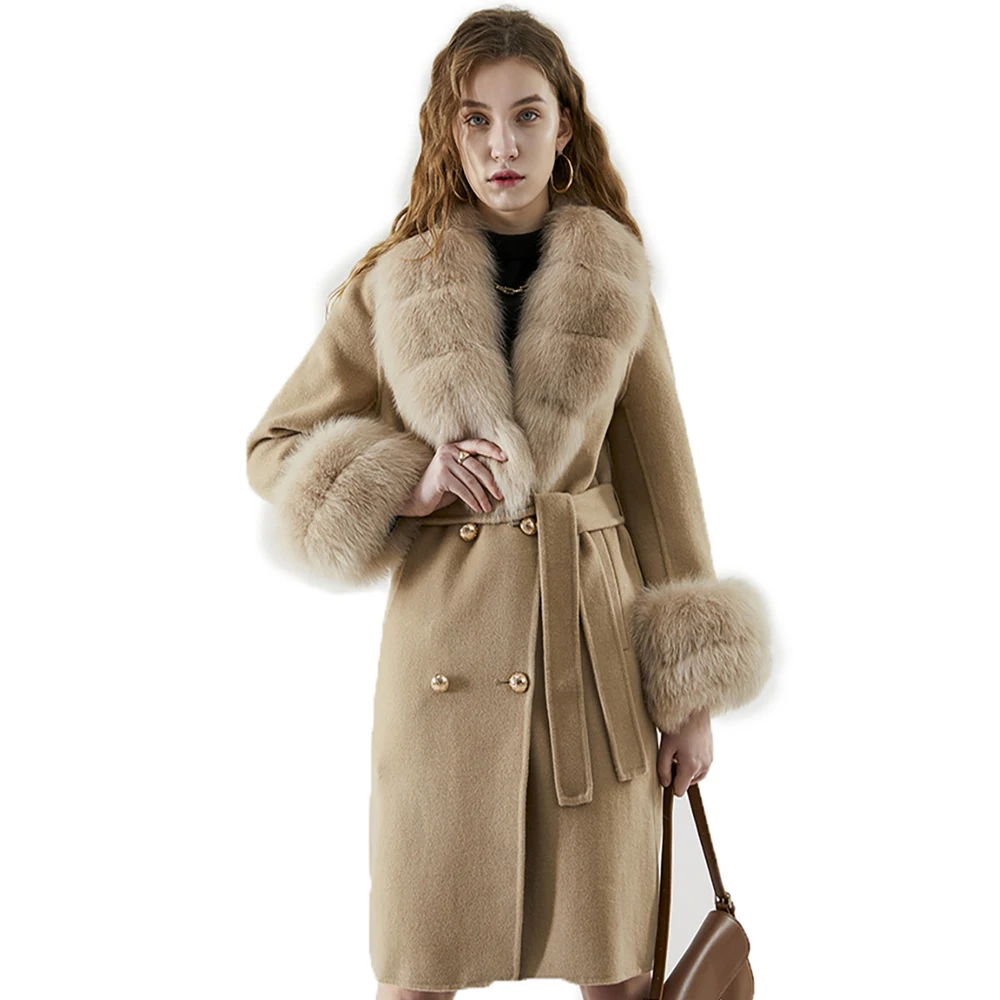 2022 X-long Real Fur Coat Belt Winter Jacket Cashmere Wool Blends Women Natural Fox Fur Collar Streetwear Outerwear