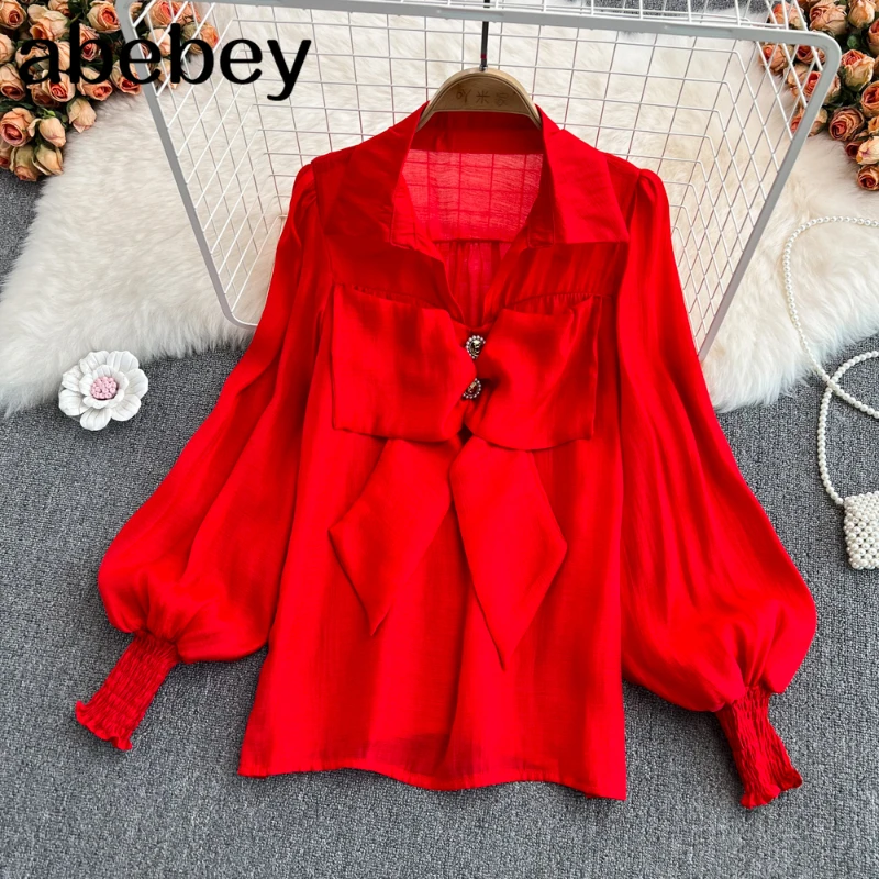 

2022 New Spring Autumn Vintage turn down collar Lantern Sleeve Shirt Beaded button bow decoration loose solid color Shirt Top