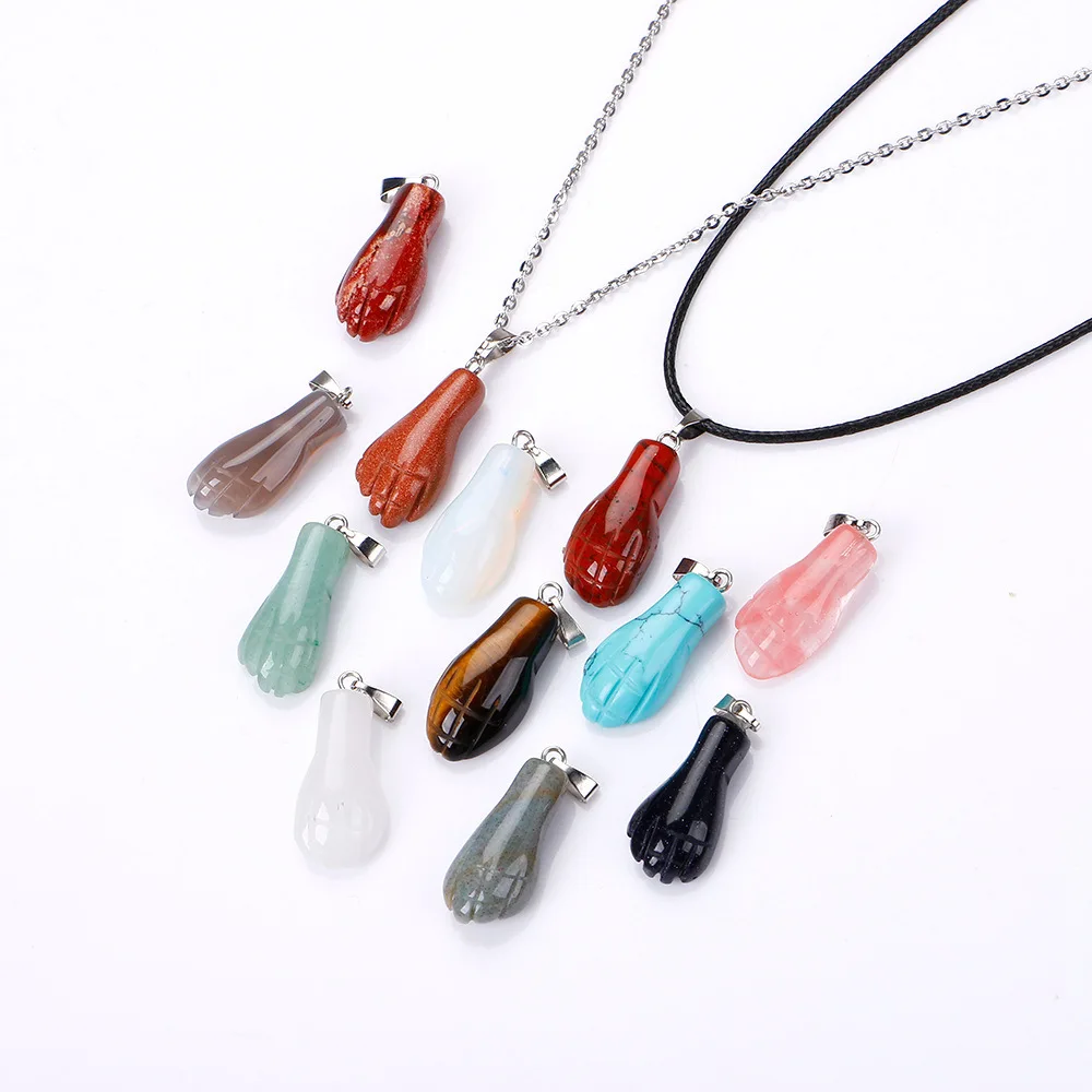 

Natural Semi-precious Stone Buddha Hand Pendant Tiger's Eye Rose Pink Quartz Crystal Chakra Reiki Healing Charms Necklace