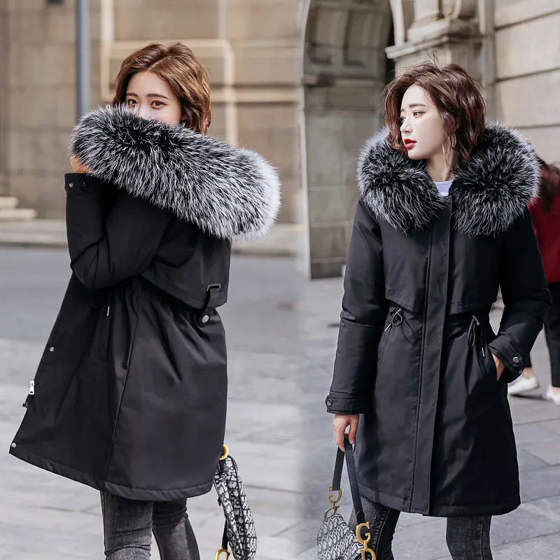 Winter Hooded Cotton Coat Women Belt Coat Simier Jacket Female Long Parka Fake Fur Big Size 6XL Women Thickened Coat Wool Hat