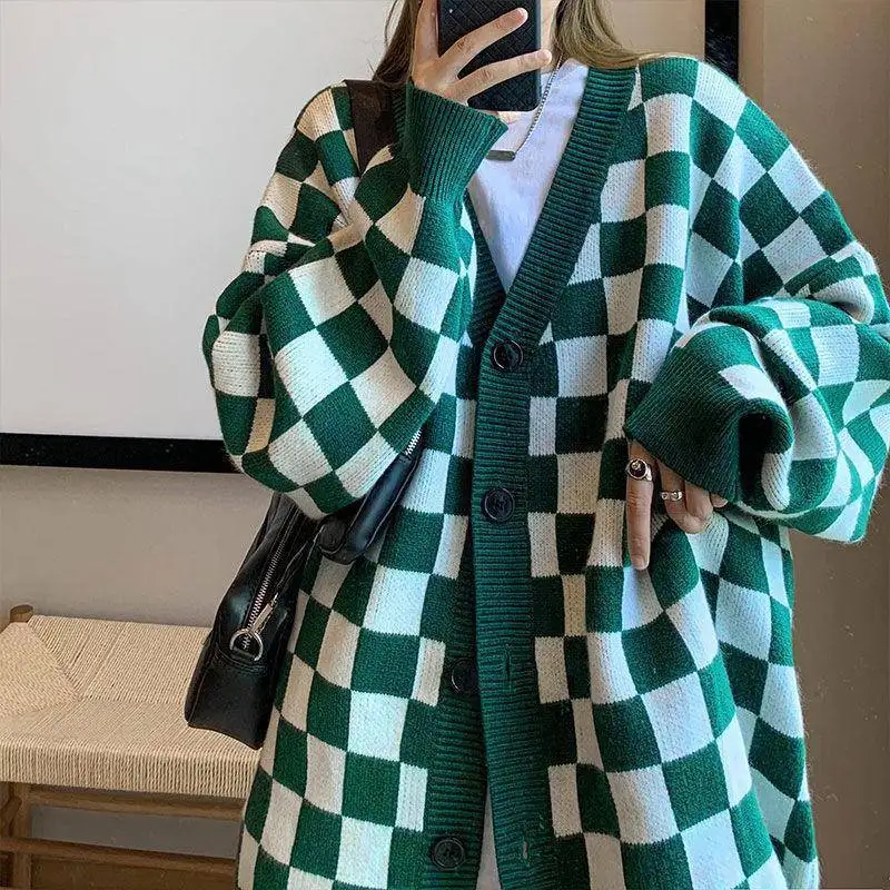 

2022 Autumn Winter Knitted Leopard Sweaters Women Korean V Neck Thick Print Cardigan Coat Loose Button Outwear Tops