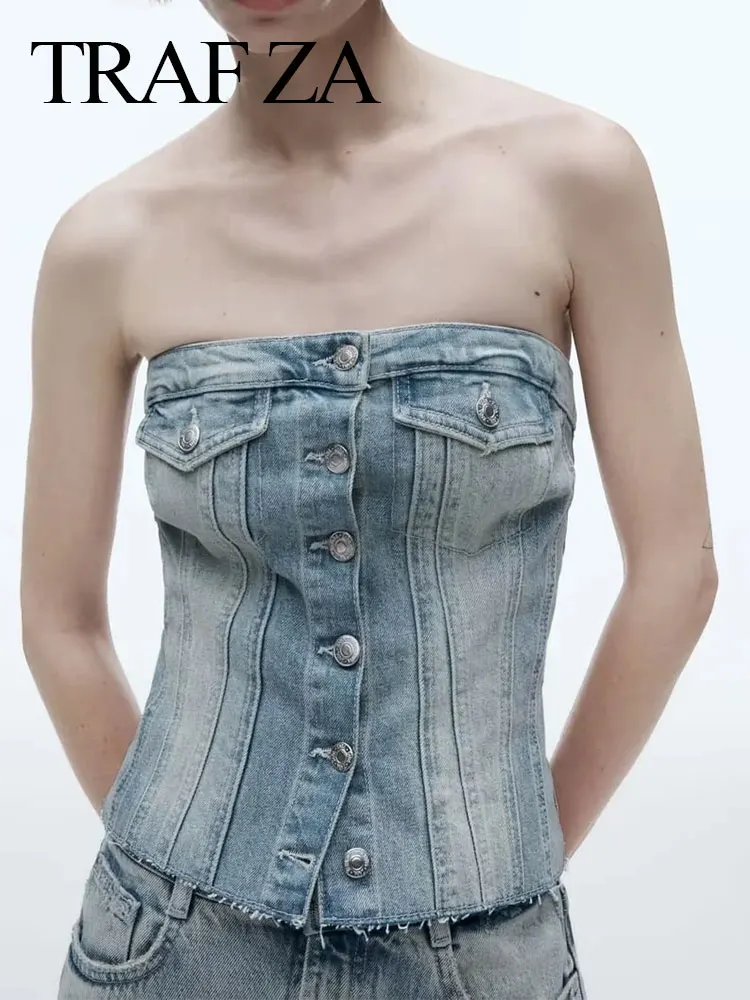 

TRAFZA 2023 Women's Sexy Tube Denim Tops Off Shoulder Button Corset Tank Tops Summer Backless Crop Blue Denim Top Streetwear