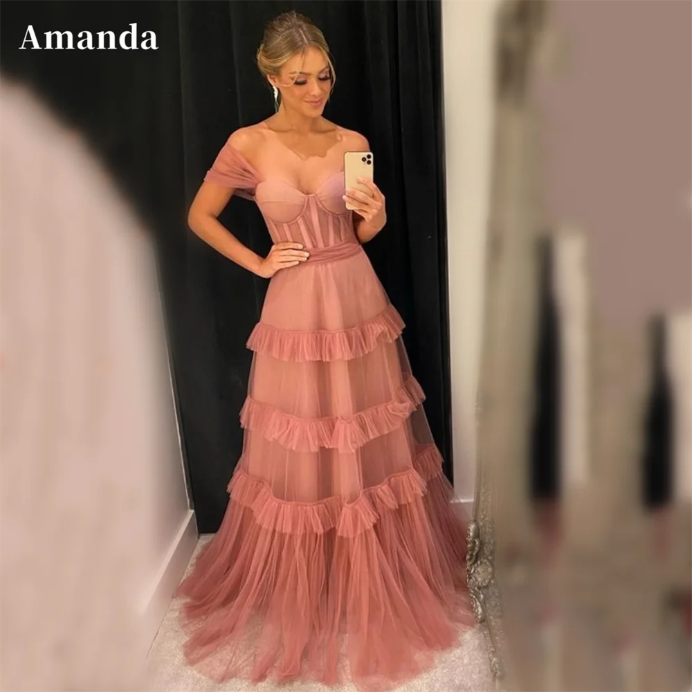 

Женское платье с открытыми плечами Amanda, элегантное поло, облегающее Тюлевое Платье трапециевидного силуэта, сексуальное розовое платье для выпускного вечера, 2023