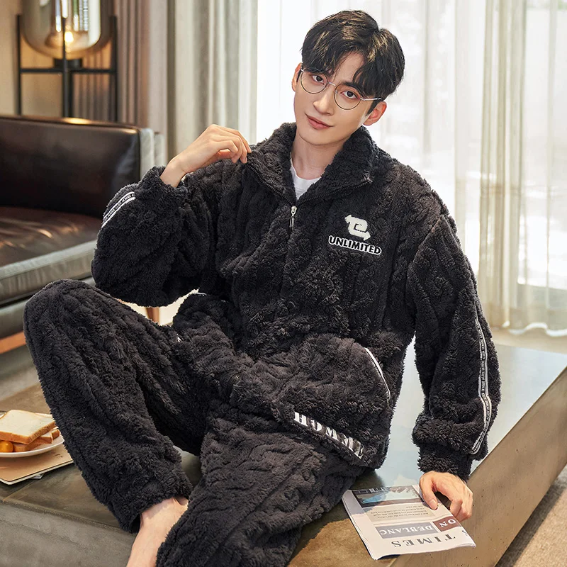QUHENG Winter Men's Pajamas Sets Layers Warm Thick Coral Fleece Sleepwear Long Sleeve Turn-Down Collar Male Deity Pijamas Suits