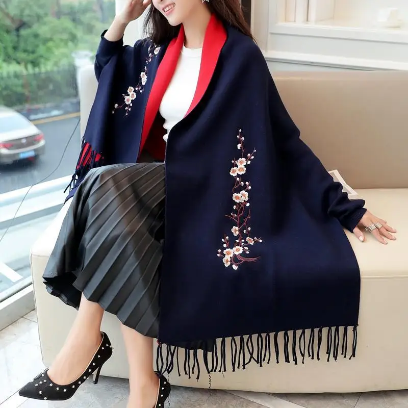 Ladies Autumn and Winter Shawl Cape Knit Sweater Embroidered Mid-Length Loose Embroidered Cardigan Jacket Women