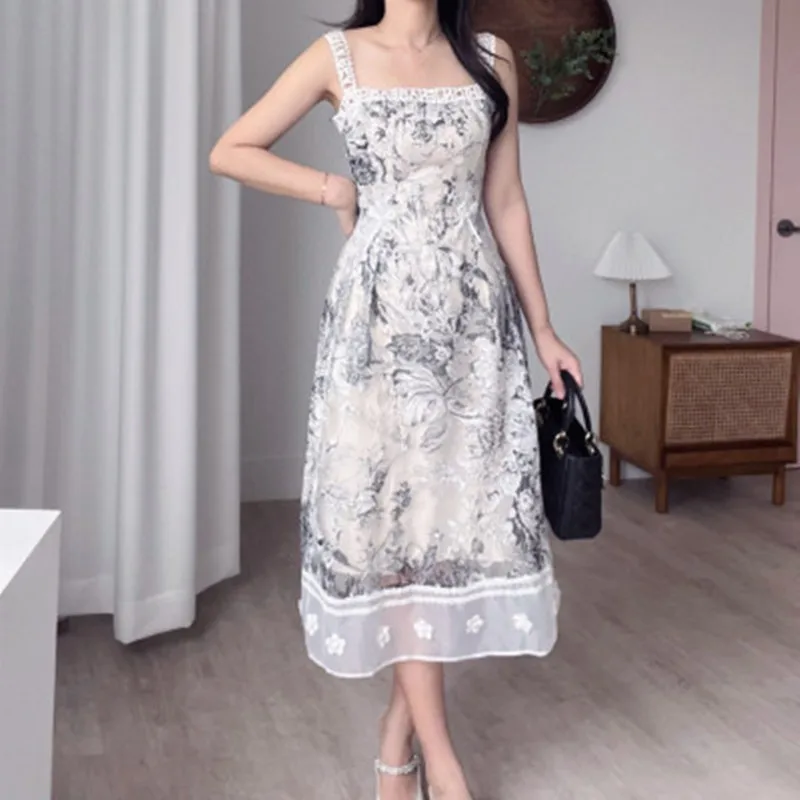 

Korean Chic Summer New Design Letter Suspenders Dress Vintage Women's Sleeveless Backless Floral Ink Print Holiday Party Dress