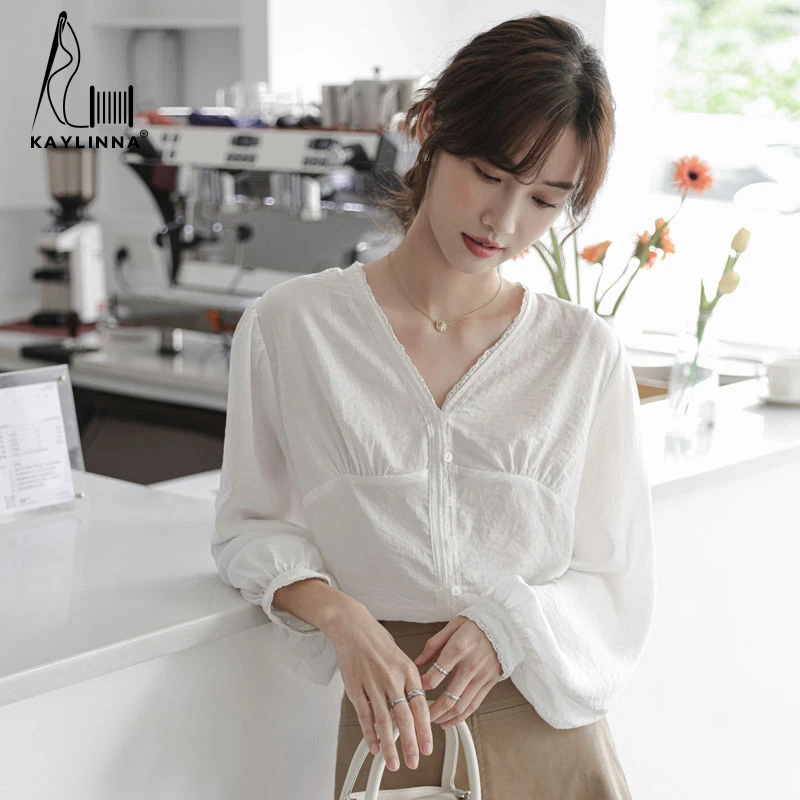 KAYLINNA Women's Autumn Casual Shirt Long Sleeve V Neck Loose Button Office Lady Blouse Clothes for Ladies Chiffon Shirts Tops