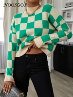 noosgop green beige checkerboard pattern color patchwork long sleeve o neck knit autumn winter 2022 women short pullover sweater