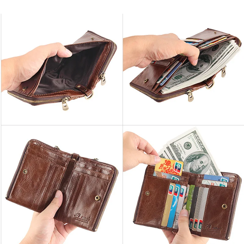 Men RFID Short Wallet Genuine Leather Credit Card Coin Pocket Money Bag Small Purse Clutch Double Zipper Fashion Wallet for Male
