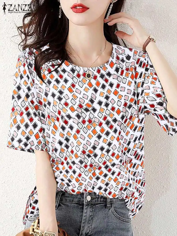 

Bohemian Geometric Printed Beach Shirt 2022 ZANZEA Women Summer Blouse O Neck Short Sleeve Casual Top Vintage Holiday Blusas