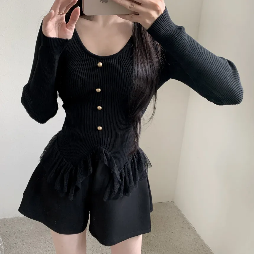 Южная Корея Ins Вязаный свитер с нерегулярной кружевной строчкой |