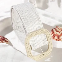 boho design square buckle elastic braided belts for women summer solid color straw belt female wide waistband vacation accessory