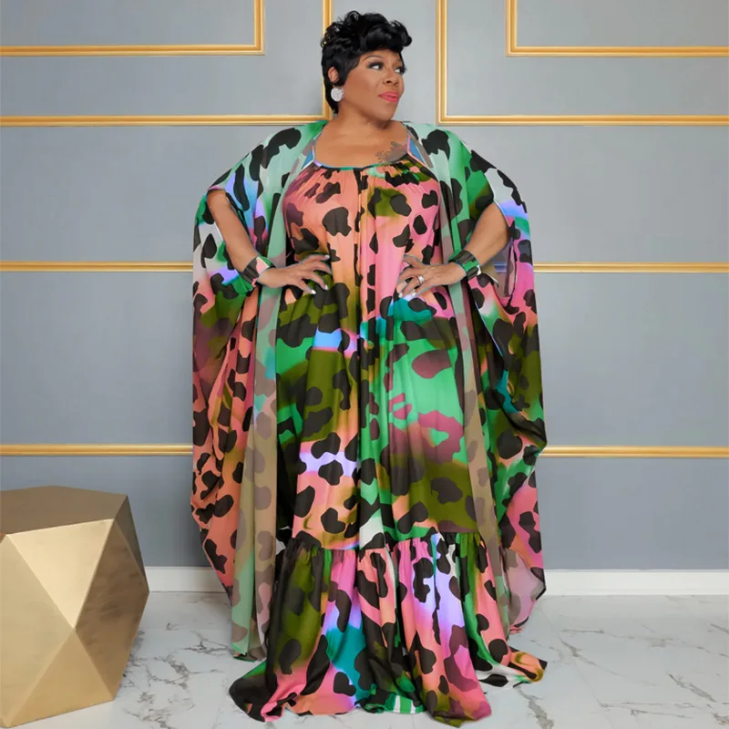 Plus Size Women Cape Floral Print Cover Up Chiffon Long Robe Fashion Female Casual Leopard Cloth 2023 Summer Women Elegant Dress