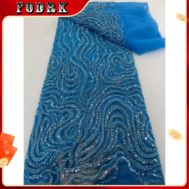 

Luxury African Lace Fabric Heavy Beads 3d Tulle Lace Fabric Sequences Embroidered French 5 Yards Dress For Women