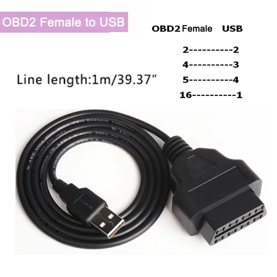 

Кабель OBD2 16-контактный с гнездовой головкой на USB для зарядки HUD Diaplsy, GPS-трекер, автомобильный 16-контактный адаптер OBD, длиной 1 метр