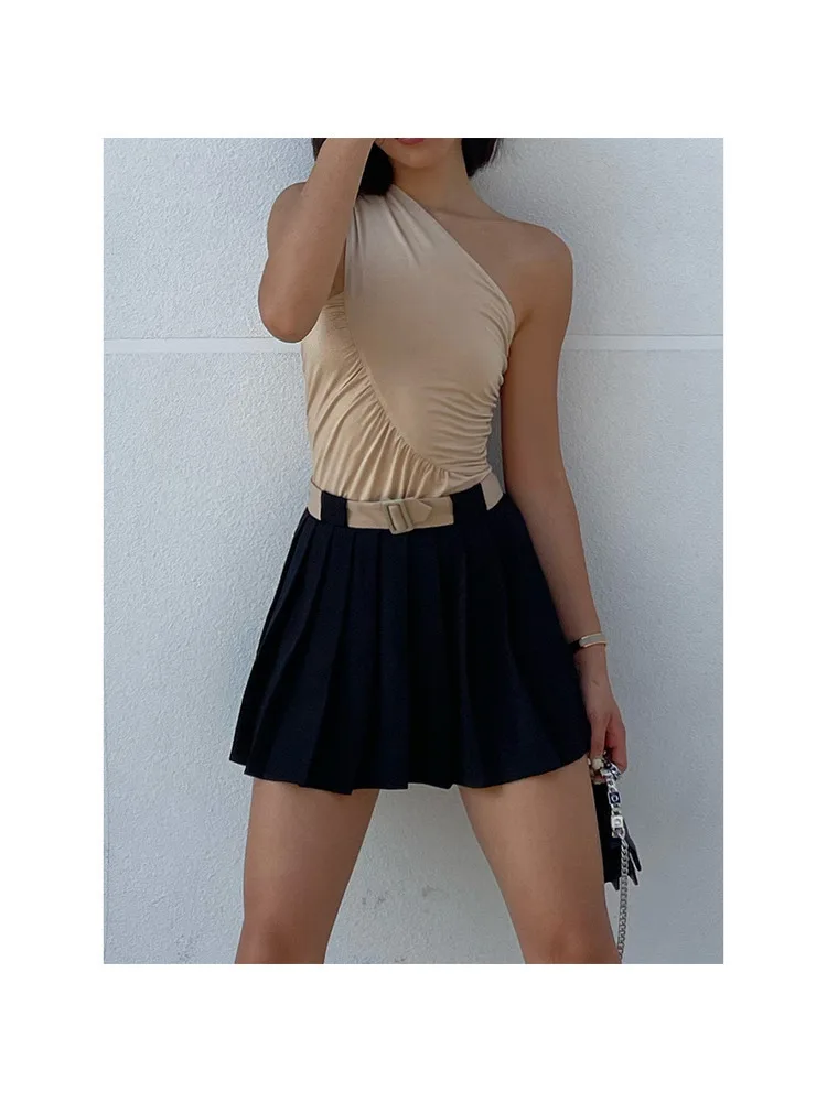 VanessaLab Summer Neck Hanging Single Shoulder Pleated Elastic Nude Color Backless Niche Design Vest Base camisole tank