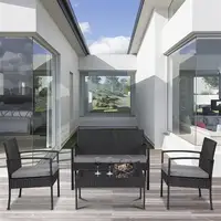 4 PCS Outdoor Patio Rattan Wicker Furniture Sets with 3 Armchairs Tempered Glass Coffee Table Cushion Black Waterproof Durable