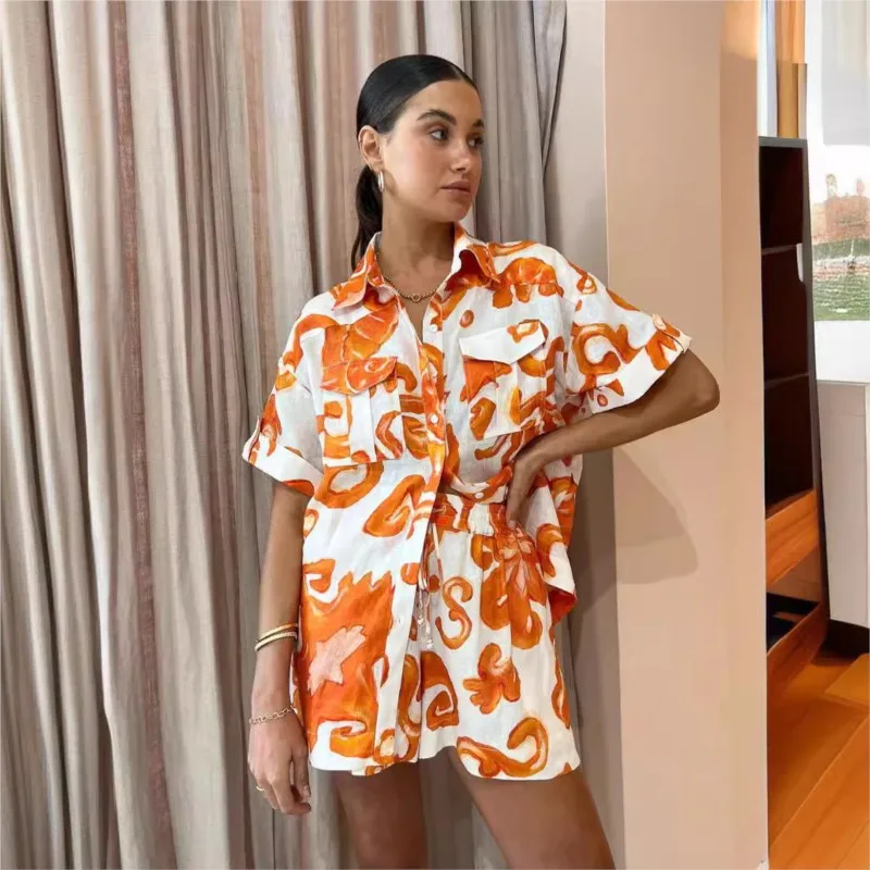 Летние женские повседневные оранжевые шорты с принтом модный воротник свободная