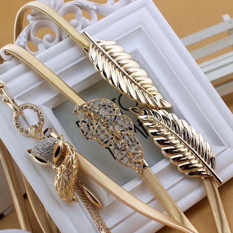 Versatile Dress Elastic Decorate Waist Belt Ladies Designer Elegant Metal Elastic Leaf Belts for Women Clothing Accessories