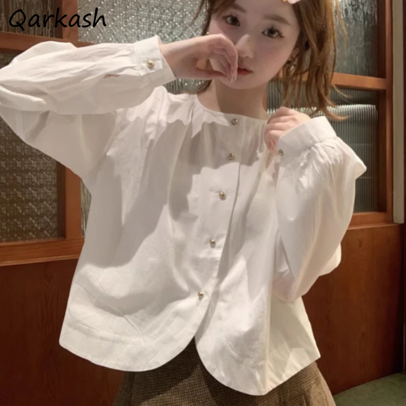 

Shirts Women O-neck Gentle Preppy Style Sweet Crop Tops Leisure Lantern Sleeve Feminino Camisas Spring Autumn Students French