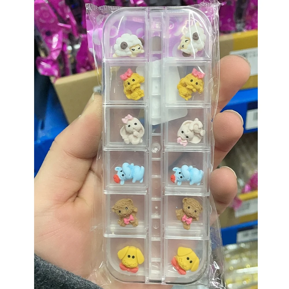 

12Grid/Box 3D Kawaii Nail Art Charms Zoo Transparent Aurora Cute Nails Decoration DIY Luxury Korean Design Manicure Accessories