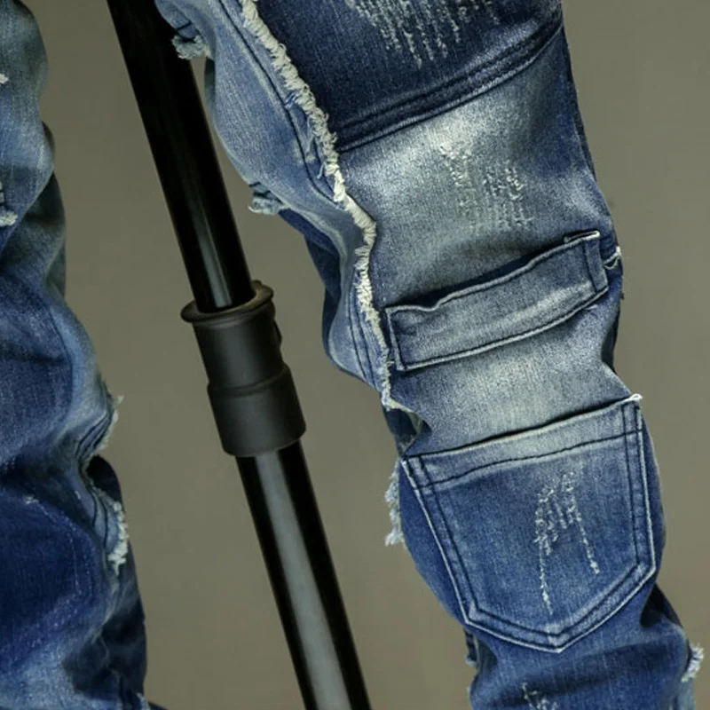 Men Jeans Splice Jean Homme Skinny Denim Ripped Spijkerbroeken Heren Biker Stretch Pants Slim Fit Trousers