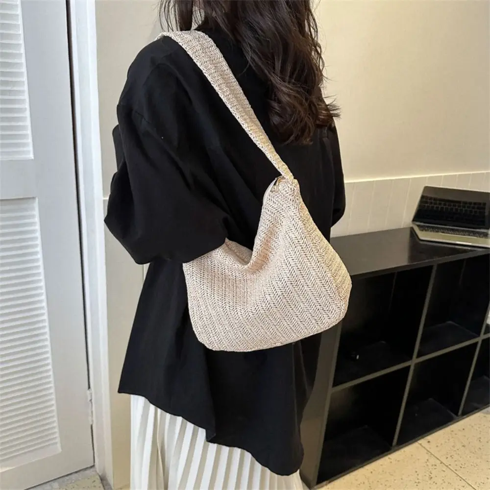 

Women Summer Solid Straw Beach Bag Tote Bag Large Capacity Shoulder Bags