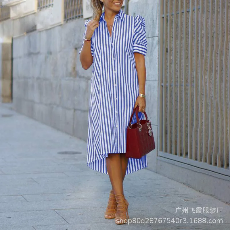 

Blue Striped Solid Loose Medium Length Summer Shirt Dress Women 2022 Fashion New Single Breasted Long Dresses