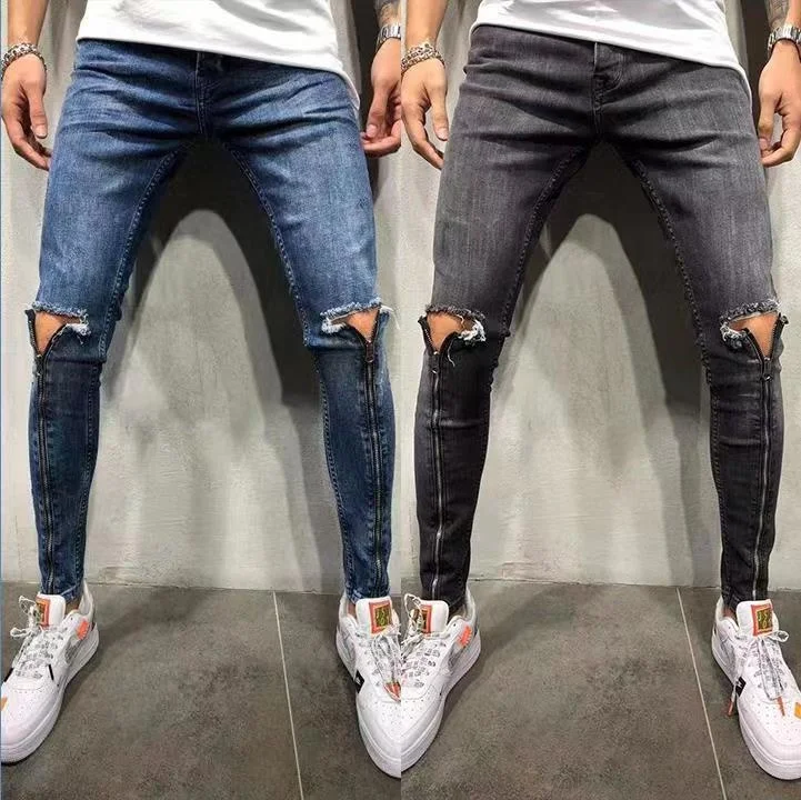 Men's Jeans Mens Zipper Design Blue Gray Motorcycle Washed Denim Pants Skinny Pencil Stretchy