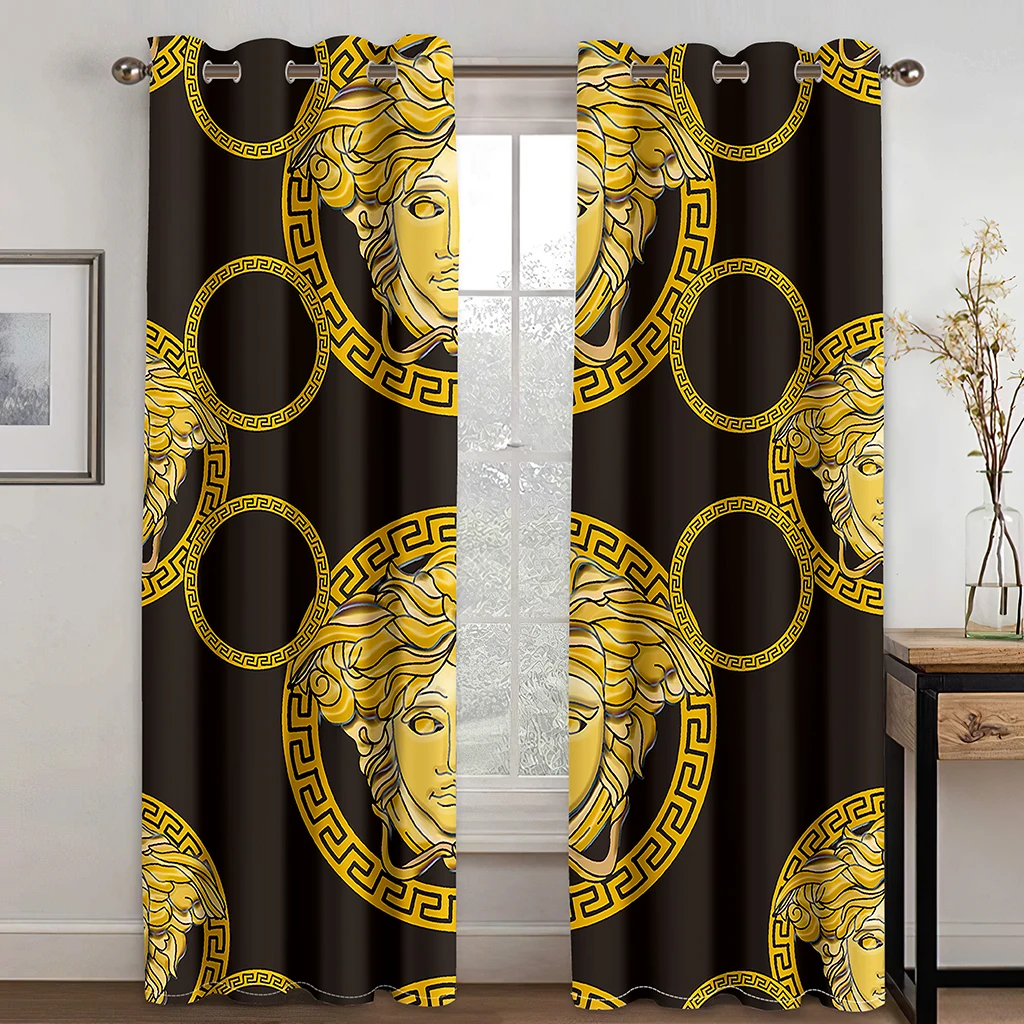 

2pcs Luxury Golden Abstract Baroque Print Polyester Curtains for Bedroom Office Kitchen Living Room Window Treatment Home Decor