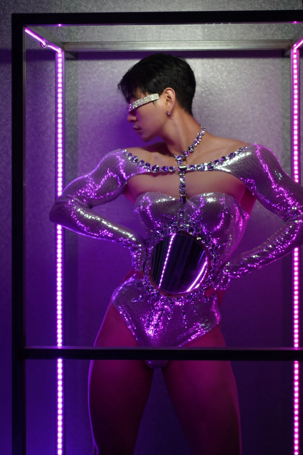 Сексуальное открытое боди с блестящими серебряными блестками костюм Drag Queen