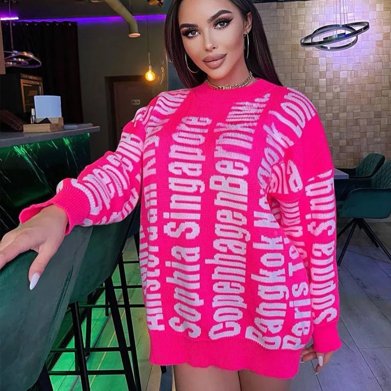 

Fashion Letter Print Knitwear Sweater Dresses Long Sleeve O Neck Pullover Knitted Dress Oversized Streetwear Loose Sweater