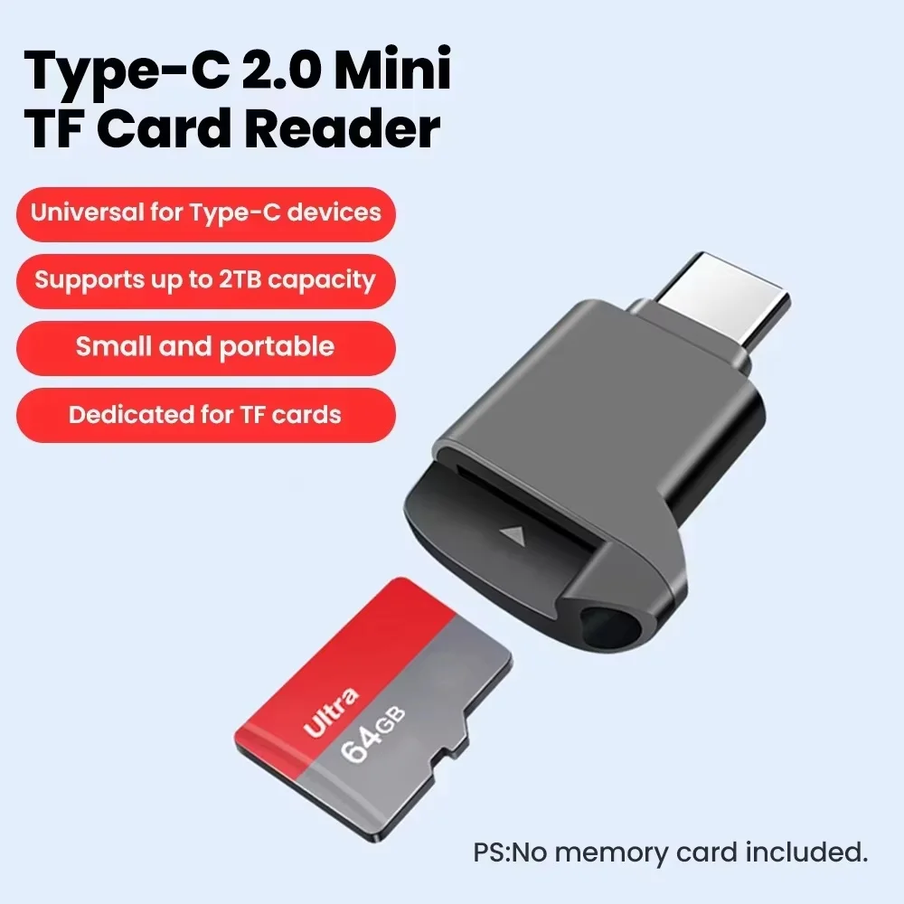 Фото Новый внешний USB-C 2.0 мини-кардридер для карт TF (MicroSD) черного цвета, совместимый с iPhone 17/16 №1
