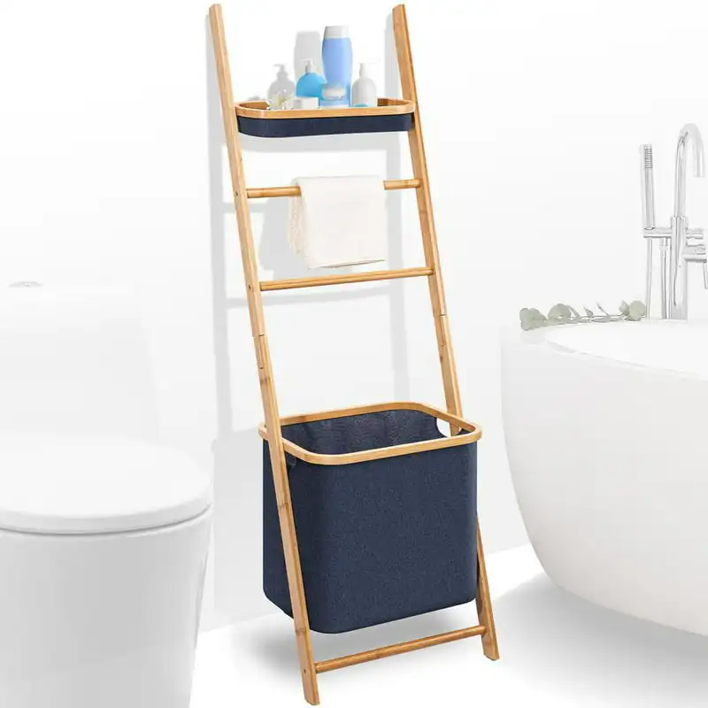 

Serenlife Wooden Bath Towel Ladder Rack with Drying Bar Storage Holder and Hamper Basket (Brown)