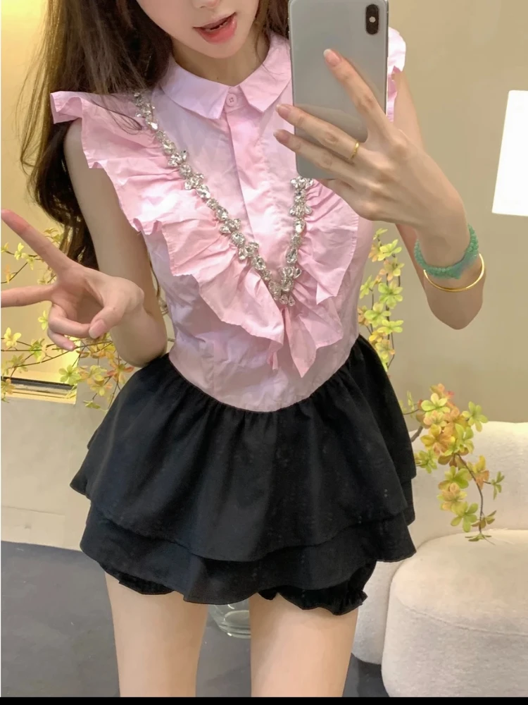 

2023 Summer Sleeveless White Short Party Dress Women Casual Y2k Mini Dress Office Lady Elegant Even Formal Shirt Dress Korean