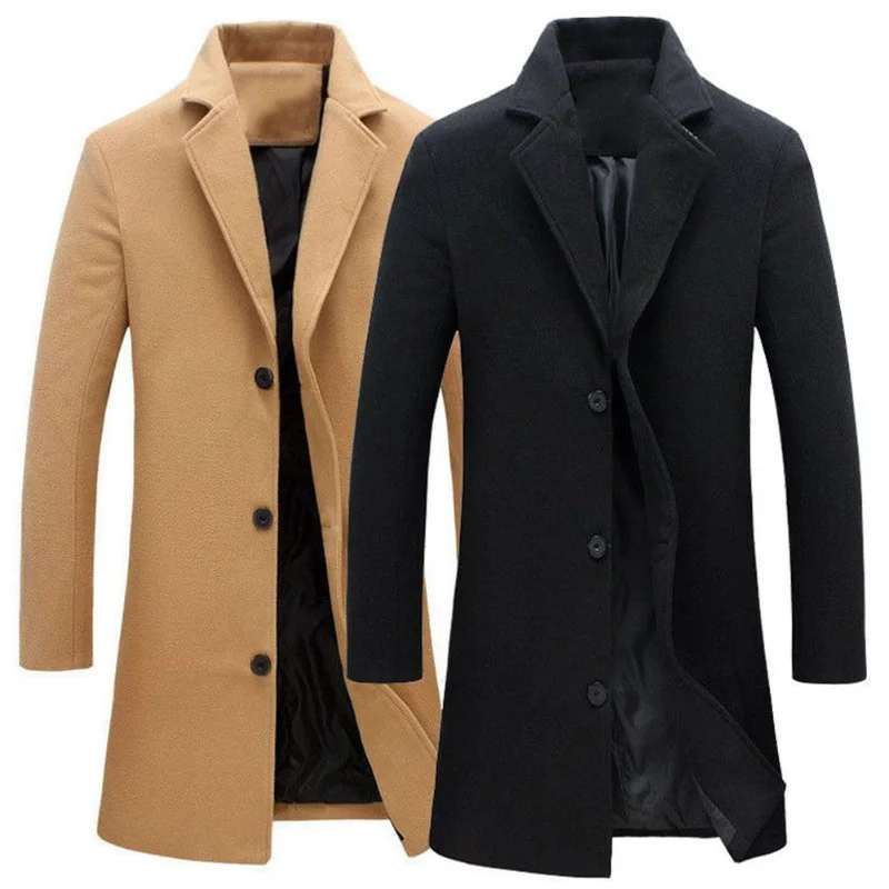 

2023Single Breasted Lapel Long Coat Jacket Fashion Autumn Winter Casual Overcoat Plus Size Trench Men's Woolen Coats Solid Color