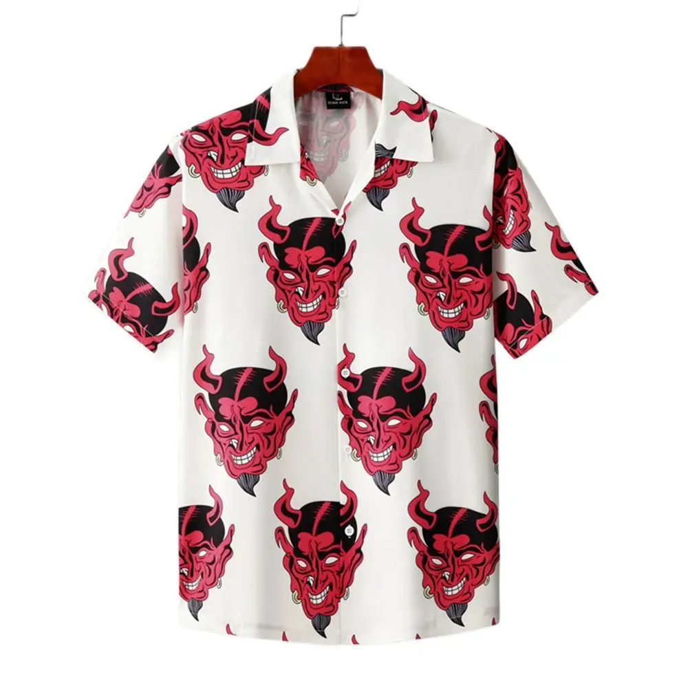 

Devil Printed Fashion Shirt Full Camisa Shirts Streetwear Male Short Korean Floral Loose Sleeve Shirts Hip Hop Hawaiian Men's