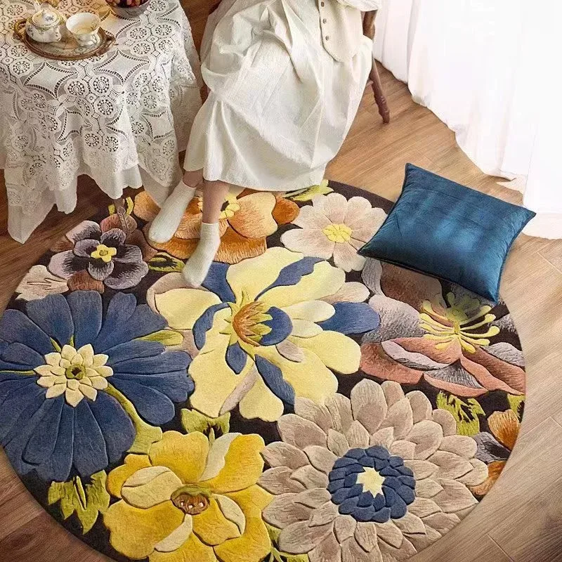 

Retro Flower Velvet Floor Area Rugs Round Bedroom Living Room Mat Anti Slip Soft Carpet Thick Home Decor Machine Washable